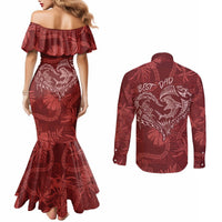 Hawaii Father's Day Vintage Lei Couples Matching Mermaid Dress and Long Sleeve Button Shirt Hauoli la Makuakane - Red LT7 - Polynesian Pride