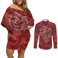 Hawaii Father's Day Vintage Lei Couples Matching Off Shoulder Short Dress and Long Sleeve Button Shirt Hauoli la Makuakane - Red LT7 Red - Polynesian Pride