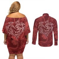 Hawaii Father's Day Vintage Lei Couples Matching Off Shoulder Short Dress and Long Sleeve Button Shirt Hauoli la Makuakane - Red LT7 - Polynesian Pride