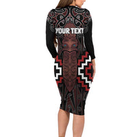 Maori Taiaha Whakairo Personalized Family Matching Long Sleeve Bodycon Dress and Hawaiian Shirt Red Poutama Motifs LT7 - Polynesian Pride