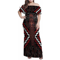 Maori Taiaha Whakairo Personalized Family Matching Off Shoulder Maxi Dress and Hawaiian Shirt Red Poutama Motifs LT7 Mom's Dress Red - Polynesian Pride