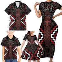Maori Taiaha Whakairo Personalized Family Matching Short Sleeve Bodycon Dress and Hawaiian Shirt Red Poutama Motifs LT7 - Polynesian Pride