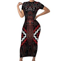 Maori Taiaha Whakairo Personalized Family Matching Short Sleeve Bodycon Dress and Hawaiian Shirt Red Poutama Motifs LT7 Mom's Dress Red - Polynesian Pride