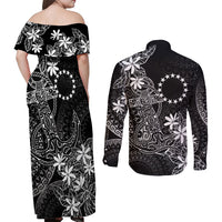 Black Kuki Airani Tapakau Couples Matching Off Shoulder Maxi Dress and Long Sleeve Button Shirt Tribal Anchor Mix Tiare LT7 - Polynesian Pride