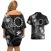 Black Kuki Airani Tapakau Couples Matching Off Shoulder Short Dress and Hawaiian Shirt Tribal Anchor Mix Tiare LT7 - Polynesian Pride