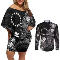 Black Kuki Airani Tapakau Couples Matching Off Shoulder Short Dress and Long Sleeve Button Shirt Tribal Anchor Mix Tiare LT7 Black - Polynesian Pride
