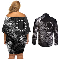 Black Kuki Airani Tapakau Couples Matching Off Shoulder Short Dress and Long Sleeve Button Shirt Tribal Anchor Mix Tiare LT7 - Polynesian Pride
