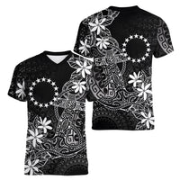 Black Kuki Airani Tapakau Women V-Neck T-Shirt Tribal Anchor Mix Tiare