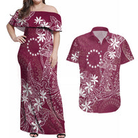 Maroon Kuki Airani Tapakau Couples Matching Off Shoulder Maxi Dress and Hawaiian Shirt Tribal Anchor Mix Tiare LT7 Maroon - Polynesian Pride