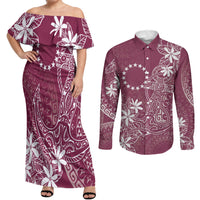Maroon Kuki Airani Tapakau Couples Matching Off Shoulder Maxi Dress and Long Sleeve Button Shirt Tribal Anchor Mix Tiare LT7 Maroon - Polynesian Pride