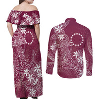 Maroon Kuki Airani Tapakau Couples Matching Off Shoulder Maxi Dress and Long Sleeve Button Shirt Tribal Anchor Mix Tiare LT7 - Polynesian Pride