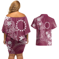 Maroon Kuki Airani Tapakau Couples Matching Off Shoulder Short Dress and Hawaiian Shirt Tribal Anchor Mix Tiare LT7 - Polynesian Pride