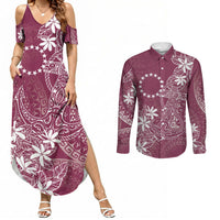Maroon Kuki Airani Tapakau Couples Matching Summer Maxi Dress and Long Sleeve Button Shirt Tribal Anchor Mix Tiare LT7 Maroon - Polynesian Pride