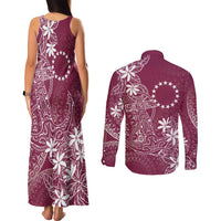 Maroon Kuki Airani Tapakau Couples Matching Tank Maxi Dress and Long Sleeve Button Shirt Tribal Anchor Mix Tiare LT7 - Polynesian Pride