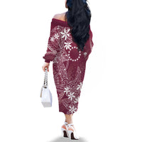 Maroon Kuki Airani Tapakau Family Matching Off The Shoulder Long Sleeve Dress and Hawaiian Shirt Tribal Anchor Mix Tiare LT7 - Polynesian Pride