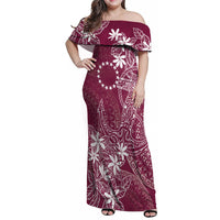 Maroon Kuki Airani Tapakau Family Matching Off Shoulder Maxi Dress and Hawaiian Shirt Tribal Anchor Mix Tiare LT7 Mom's Dress Maroon - Polynesian Pride