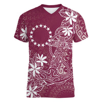 Maroon Kuki Airani Tapakau Women V-Neck T-Shirt Tribal Anchor Mix Tiare