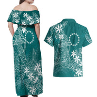Teal Kuki Airani Tapakau Couples Matching Off Shoulder Maxi Dress and Hawaiian Shirt Tribal Anchor Mix Tiare LT7 - Polynesian Pride