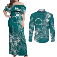 Teal Kuki Airani Tapakau Couples Matching Off Shoulder Maxi Dress and Long Sleeve Button Shirt Tribal Anchor Mix Tiare LT7 Teal - Polynesian Pride