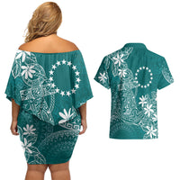 Teal Kuki Airani Tapakau Couples Matching Off Shoulder Short Dress and Hawaiian Shirt Tribal Anchor Mix Tiare LT7 - Polynesian Pride
