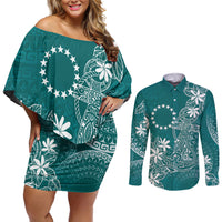 Teal Kuki Airani Tapakau Couples Matching Off Shoulder Short Dress and Long Sleeve Button Shirt Tribal Anchor Mix Tiare LT7 Teal - Polynesian Pride