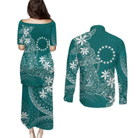 Teal Kuki Airani Tapakau Couples Matching Puletasi and Long Sleeve Button Shirt Tribal Anchor Mix Tiare