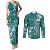 Teal Kuki Airani Tapakau Couples Matching Tank Maxi Dress and Long Sleeve Button Shirt Tribal Anchor Mix Tiare LT7 Teal - Polynesian Pride