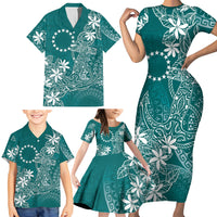 Teal Kuki Airani Tapakau Family Matching Short Sleeve Bodycon Dress and Hawaiian Shirt Tribal Anchor Mix Tiare LT7 - Polynesian Pride
