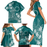 Teal Kuki Airani Tapakau Family Matching Short Sleeve Bodycon Dress and Hawaiian Shirt Tribal Anchor Mix Tiare LT7 - Polynesian Pride