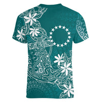 Teal Kuki Airani Tapakau Women V-Neck T-Shirt Tribal Anchor Mix Tiare