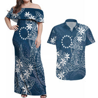 Navy Kuki Airani Tapakau Couples Matching Off Shoulder Maxi Dress and Hawaiian Shirt Tribal Anchor Mix Tiare LT7 Navy - Polynesian Pride