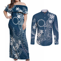 Navy Kuki Airani Tapakau Couples Matching Off Shoulder Maxi Dress and Long Sleeve Button Shirt Tribal Anchor Mix Tiare LT7 Navy - Polynesian Pride
