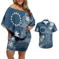 Navy Kuki Airani Tapakau Couples Matching Off Shoulder Short Dress and Hawaiian Shirt Tribal Anchor Mix Tiare LT7 Navy - Polynesian Pride