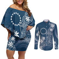Navy Kuki Airani Tapakau Couples Matching Off Shoulder Short Dress and Long Sleeve Button Shirt Tribal Anchor Mix Tiare LT7 Navy - Polynesian Pride
