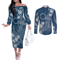 Navy Kuki Airani Tapakau Couples Matching Off The Shoulder Long Sleeve Dress and Long Sleeve Button Shirt Tribal Anchor Mix Tiare LT7 Navy - Polynesian Pride