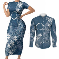 Navy Kuki Airani Tapakau Couples Matching Short Sleeve Bodycon Dress and Long Sleeve Button Shirt Tribal Anchor Mix Tiare LT7 Navy - Polynesian Pride