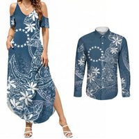 Navy Kuki Airani Tapakau Couples Matching Summer Maxi Dress and Long Sleeve Button Shirt Tribal Anchor Mix Tiare LT7 Navy - Polynesian Pride