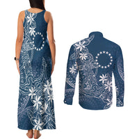 Navy Kuki Airani Tapakau Couples Matching Tank Maxi Dress and Long Sleeve Button Shirt Tribal Anchor Mix Tiare LT7 - Polynesian Pride