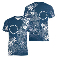 Navy Kuki Airani Tapakau Women V-Neck T-Shirt Tribal Anchor Mix Tiare