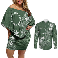 Sage Green Kuki Airani Tapakau Couples Matching Off Shoulder Short Dress and Long Sleeve Button Shirt Tribal Anchor Mix Tiare LT7 Sage Green - Polynesian Pride
