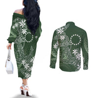 Sage Green Kuki Airani Tapakau Couples Matching Off The Shoulder Long Sleeve Dress and Long Sleeve Button Shirt Tribal Anchor Mix Tiare LT7 - Polynesian Pride