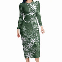 Sage Green Kuki Airani Tapakau Long Sleeve Bodycon Dress Tribal Anchor Mix Tiare LT7 Long Dress Sage Green - Polynesian Pride