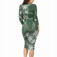 Sage Green Kuki Airani Tapakau Long Sleeve Bodycon Dress Tribal Anchor Mix Tiare LT7 - Polynesian Pride