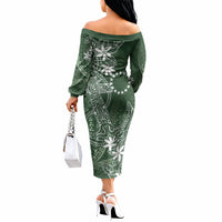 Sage Green Kuki Airani Tapakau Off The Shoulder Long Sleeve Dress Tribal Anchor Mix Tiare LT7 - Polynesian Pride