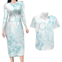 Turquoise Kuki Airani Tapakau Couples Matching Long Sleeve Bodycon Dress and Hawaiian Shirt Tribal Anchor Mix Tiare LT7 Turquoise - Polynesian Pride
