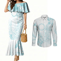 Turquoise Kuki Airani Tapakau Couples Matching Mermaid Dress and Long Sleeve Button Shirt Tribal Anchor Mix Tiare LT7 Turquoise - Polynesian Pride