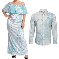 Turquoise Kuki Airani Tapakau Couples Matching Off Shoulder Maxi Dress and Long Sleeve Button Shirt Tribal Anchor Mix Tiare LT7 Turquoise - Polynesian Pride