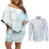 Turquoise Kuki Airani Tapakau Couples Matching Off Shoulder Short Dress and Long Sleeve Button Shirt Tribal Anchor Mix Tiare LT7 Turquoise - Polynesian Pride