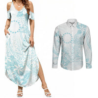Turquoise Kuki Airani Tapakau Couples Matching Summer Maxi Dress and Long Sleeve Button Shirt Tribal Anchor Mix Tiare LT7 Turquoise - Polynesian Pride