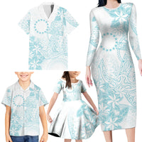 Turquoise Kuki Airani Tapakau Family Matching Long Sleeve Bodycon Dress and Hawaiian Shirt Tribal Anchor Mix Tiare LT7 - Polynesian Pride